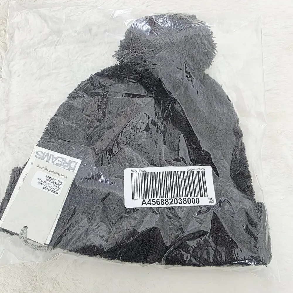 Barefoot Dreams CozyChic Cable Knit Pom Pom Beanie Dark Brown NWT BDWCC20562 OS